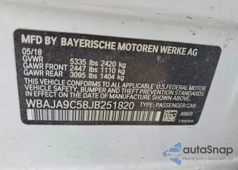 2018 BMW 530E z USA, uszkodzony, nr VIN WBAJA9C58JB251820